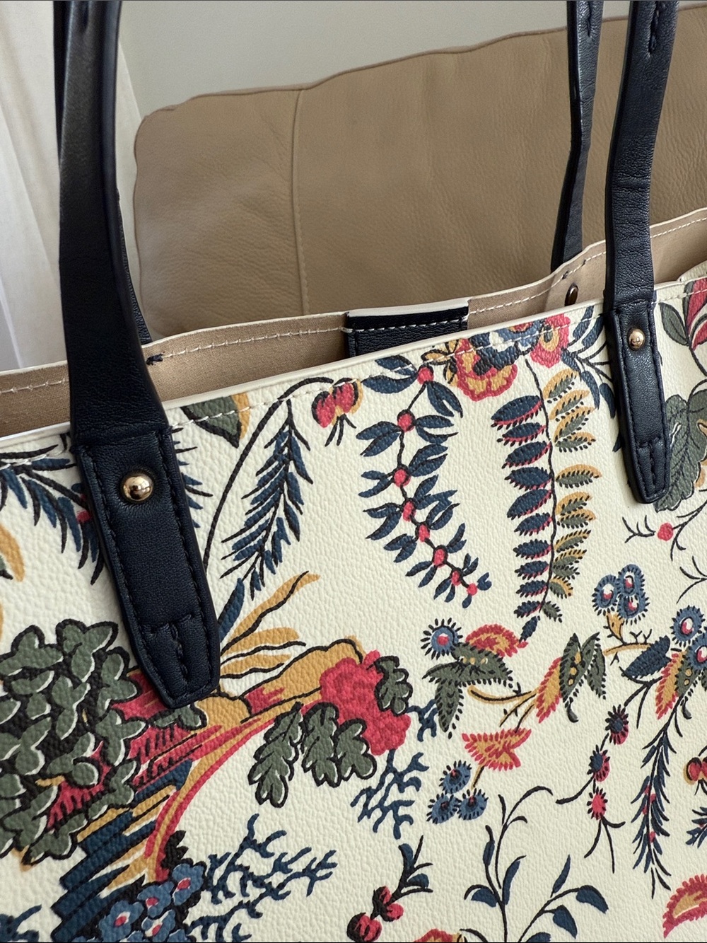 Tory Burch Floral Print Tote Bag with Navy Handles - Cream & Multicolor - Picture 15 of 15